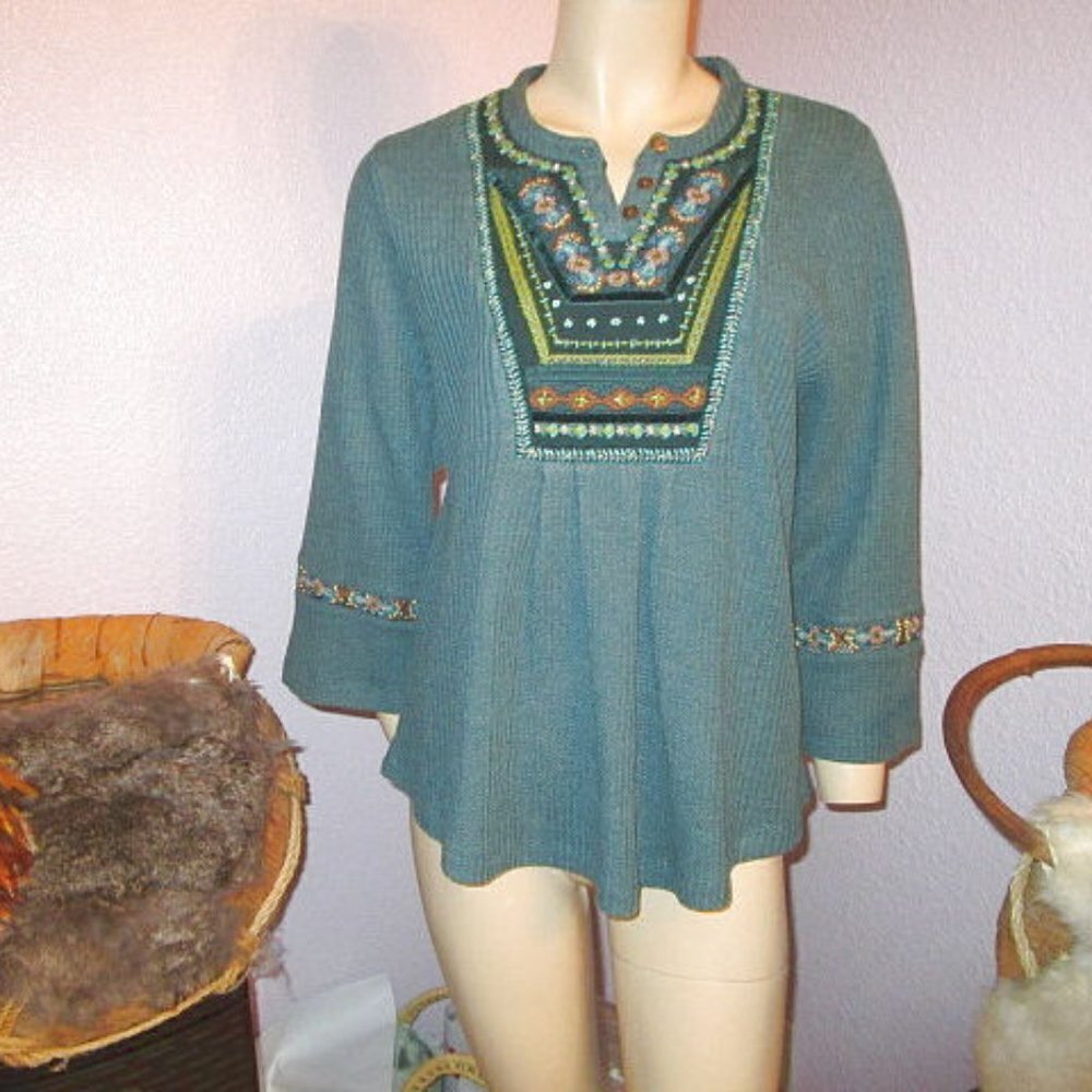 Soft Surroundings Waffle Knit Henley Thermal Top L Embroidered Tunic Beaded Boho